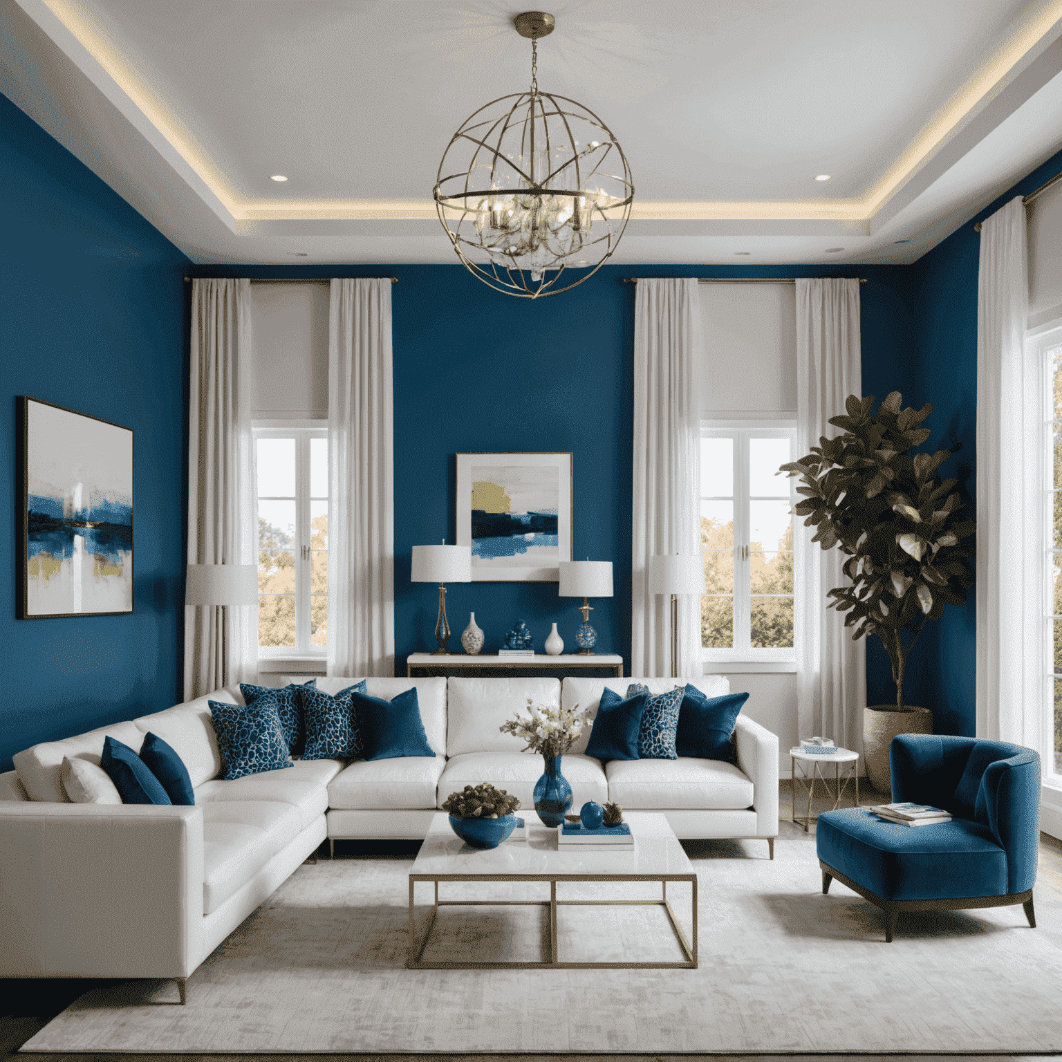 A modern living room with electric blue accent wall, featuring a sleek white leather sofa, geometric coffee table, and a statement chandelier. The room showcases a perfect blend of bold colors and clean lines, epitomizing luxury interior design.