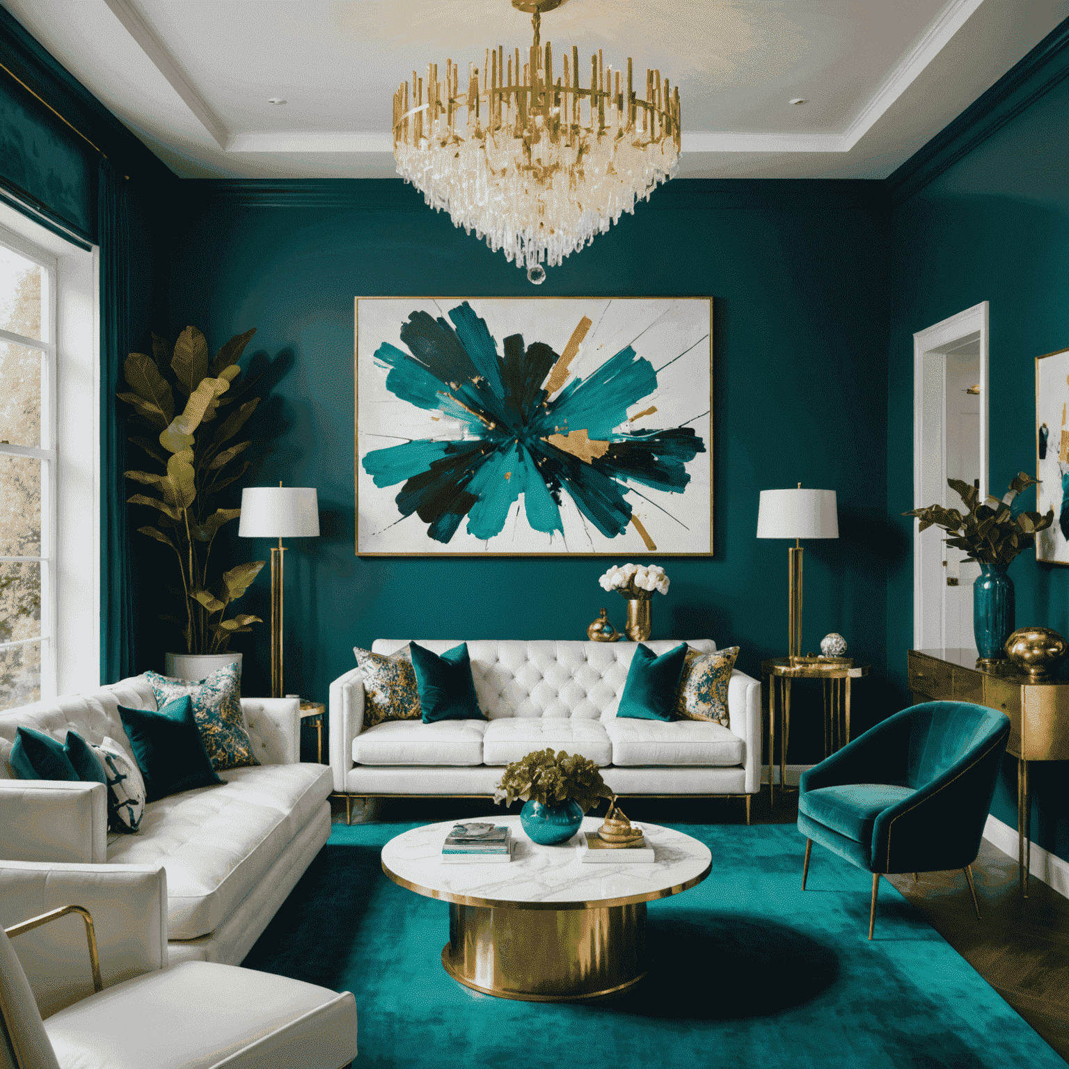 Luxurious living room with bold electric blue accent wall, featuring a mix of modern and vintage furniture. The space includes a sleek white leather sofa, an emerald green velvet armchair, and a unique gold sculptural coffee table. A large abstract painting and a statement chandelier complete the eclectic yet harmonious design.