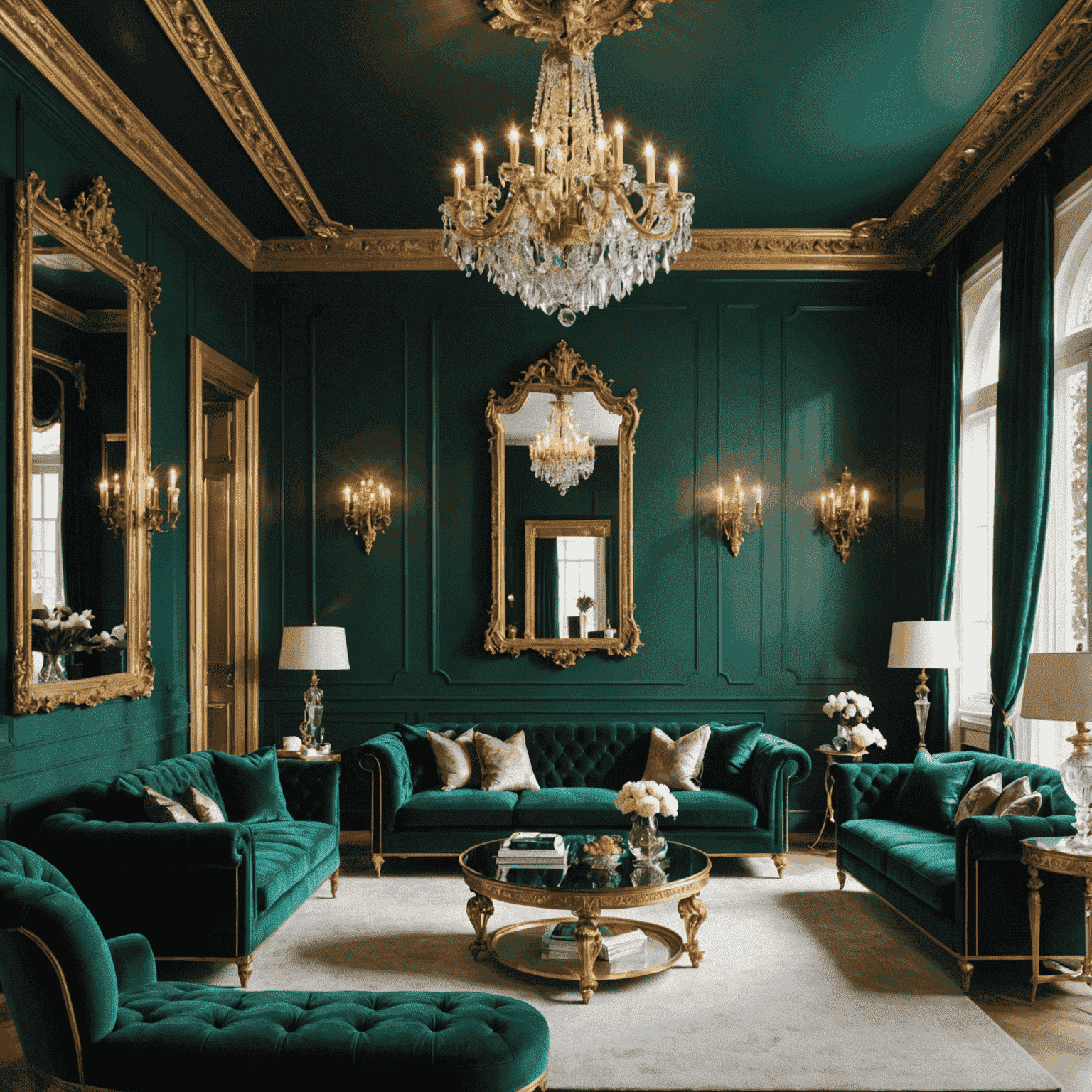 A luxurious living room showcasing a perfect blend of classic and modern elements. An ornate crystal chandelier hangs over a sleek, low-profile sofa. Antique gold-framed mirrors adorn a feature wall painted in a deep, rich emerald green.