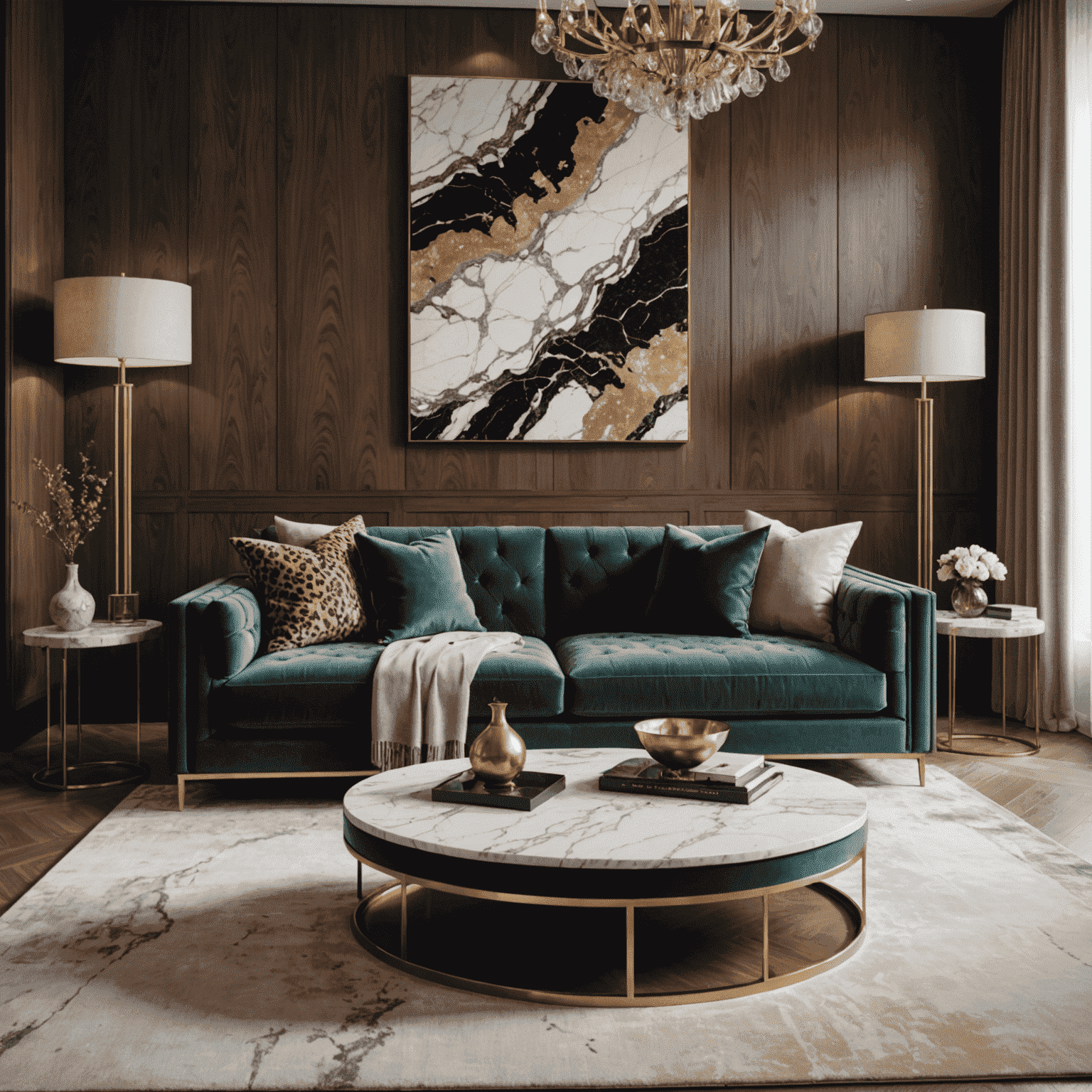 A luxurious living room showcasing various textures: velvet sofa, marble coffee table, wooden accent wall, and a plush area rug