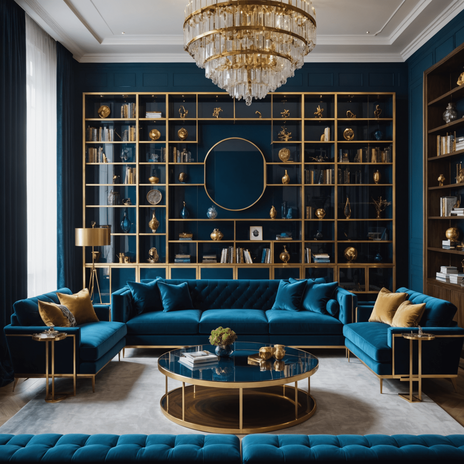 A luxurious living room featuring a custom-made velvet sofa in electric blue, paired with an avant-garde coffee table made of glass and gold-plated metal. The room showcases a bespoke bookshelf spanning an entire wall, crafted from rich walnut wood with geometric inlays.