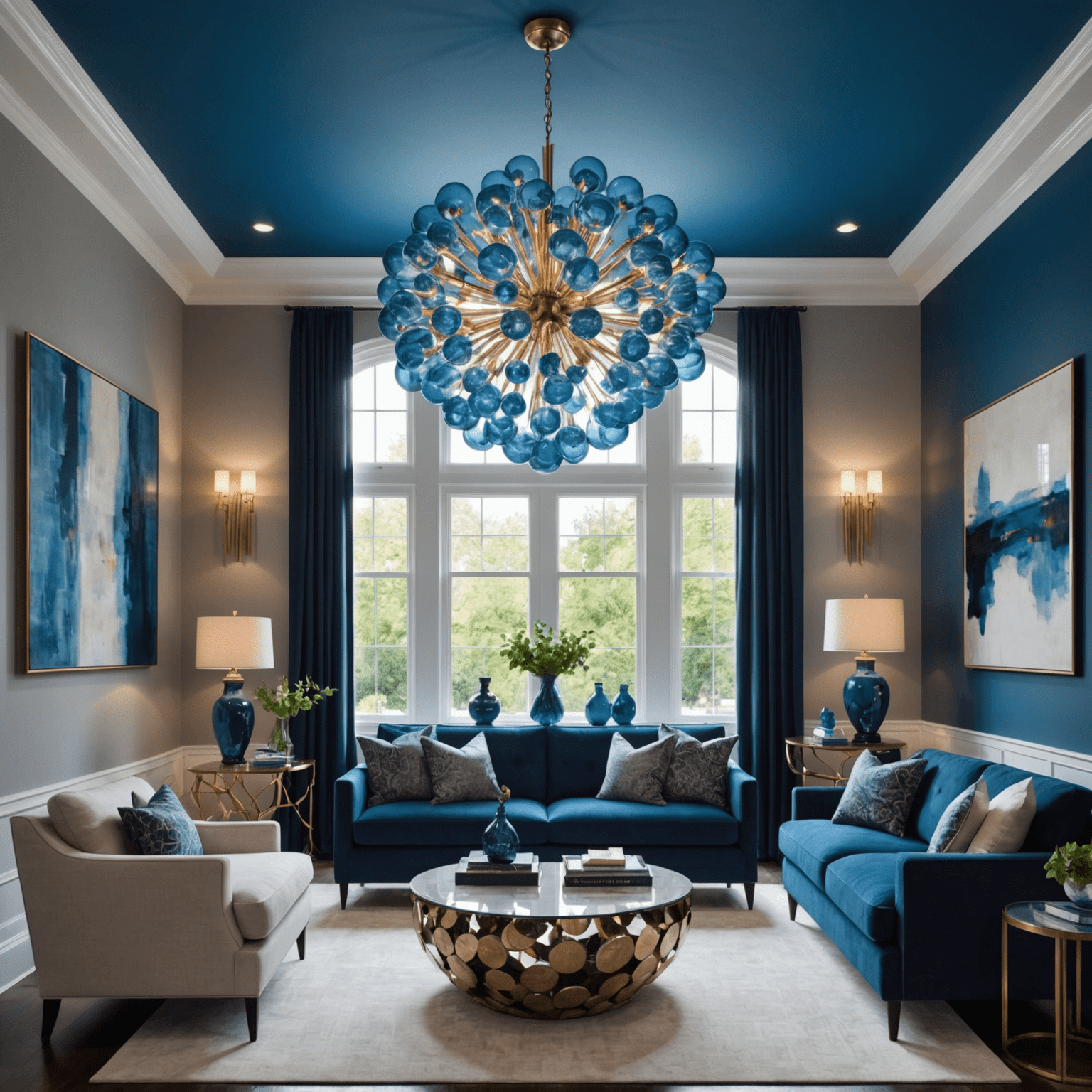 A stunning living room with a large, sculptural chandelier made of interconnected glass orbs, casting intricate shadows on the walls and ceiling. The room features bold electric blue accent walls and sleek modern furniture.