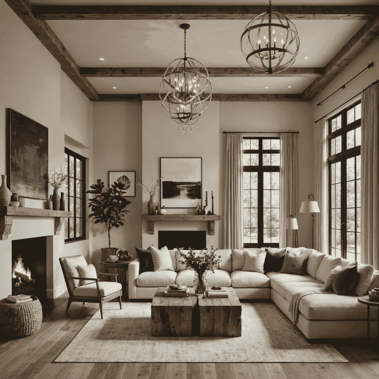 Luxurious living room with sustainable materials: reclaimed wood flooring, organic cotton upholstery, and energy-efficient lighting fixtures