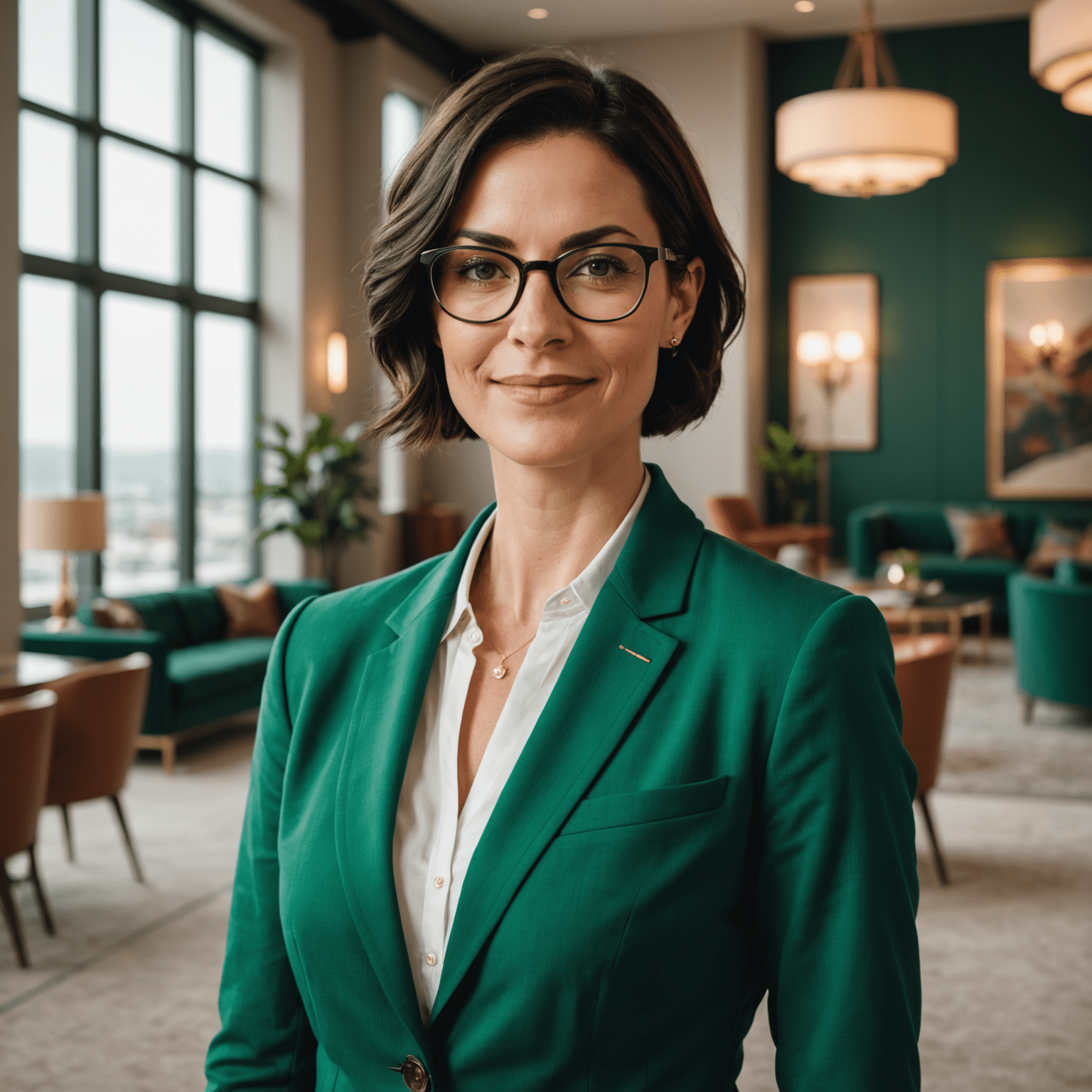 Portrait of Sarah Johnson, a stylish woman in her 30s with short dark hair and glasses, wearing a bold emerald green blazer. She has a confident smile and is standing in front of a modern interior backdrop.