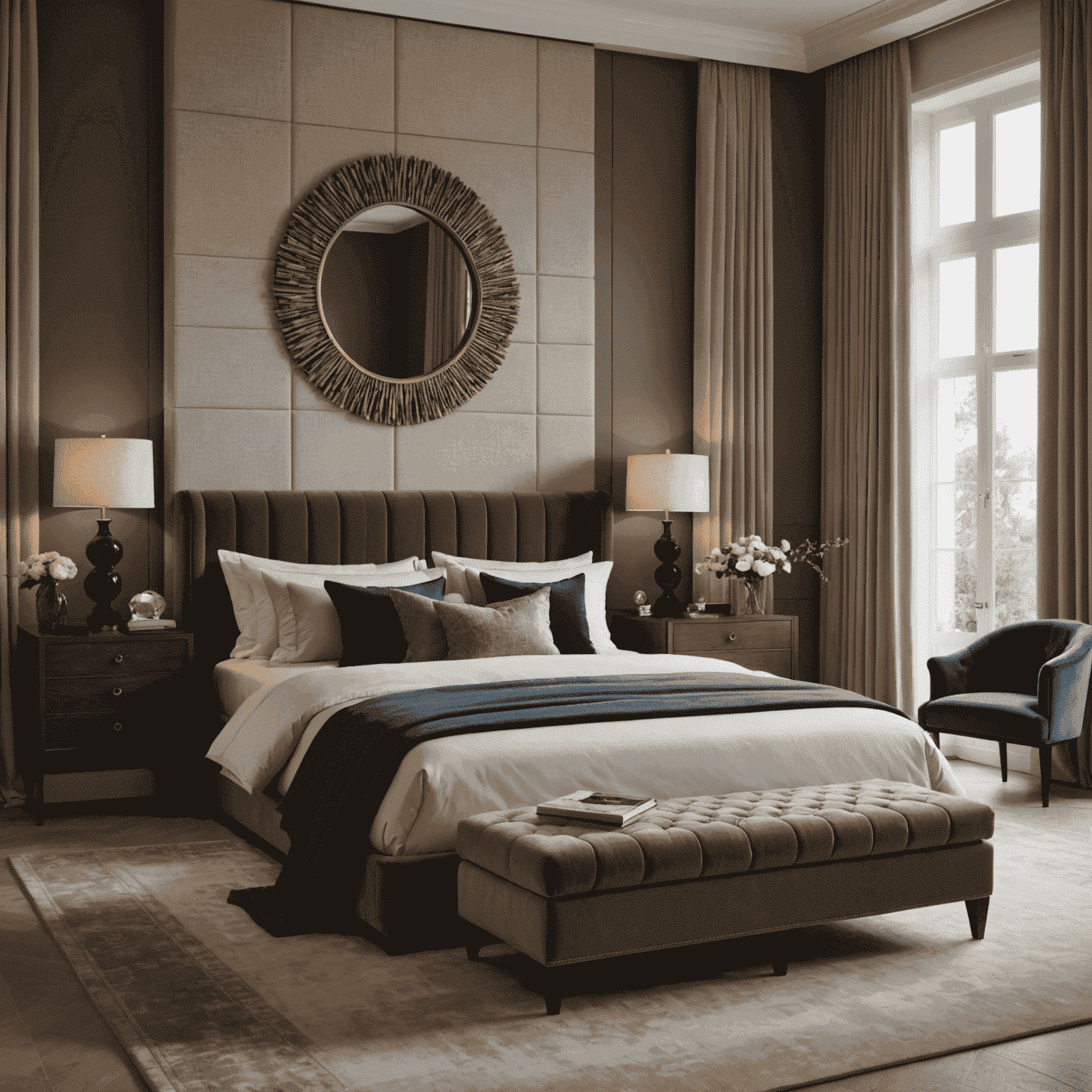 A high-end bedroom showcasing various textures: velvet headboard, silk curtains, wool carpet, and a leather ottoman