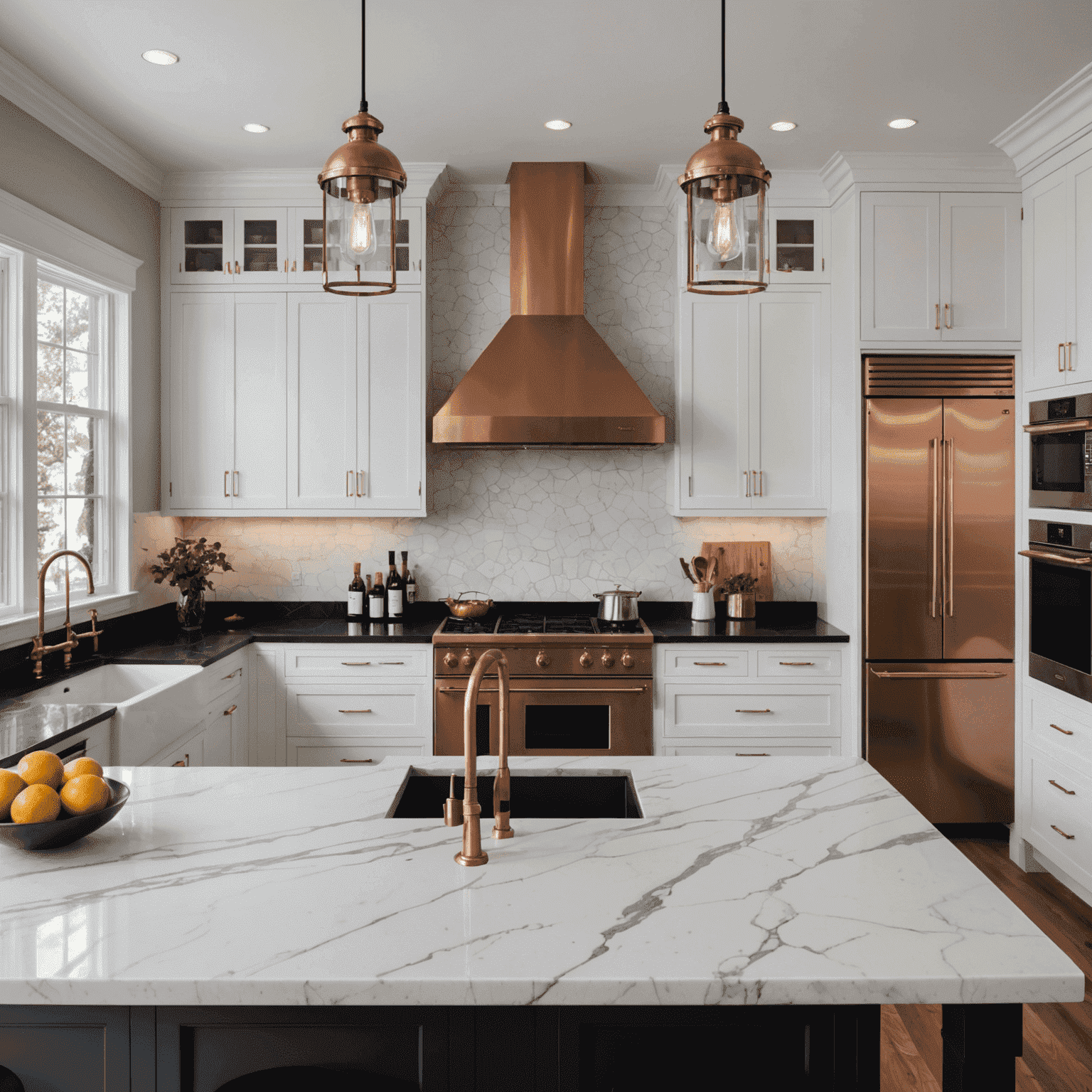 A modern kitchen with classic touches. White shaker cabinets are paired with sleek, black marble countertops. A large copper hood over a professional-grade range adds a traditional element, while minimalist pendant lights provide a contemporary contrast.