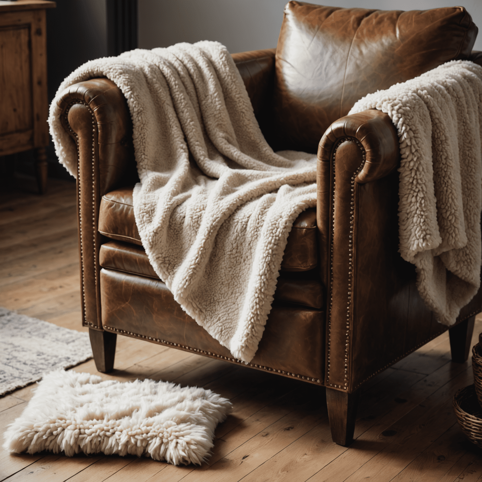 Close-up of contrasting textures: smooth leather armchair with a fuzzy throw blanket and a rough wooden side table