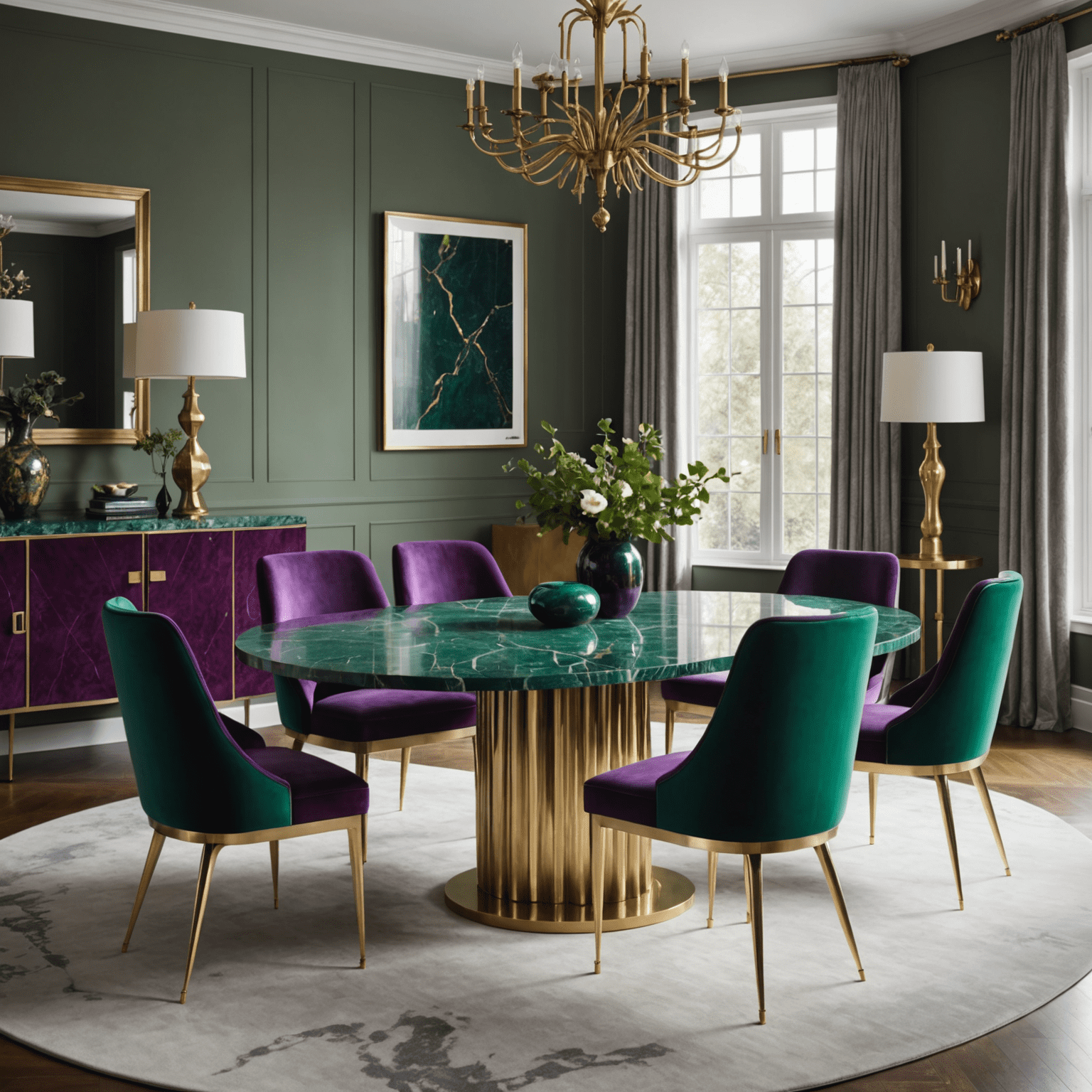 A custom-designed dining set featuring an emerald green marble tabletop supported by sculptural brass legs. Surrounding the table are uniquely shaped chairs upholstered in a mix of deep purple velvet and patterned fabric with geometric designs.