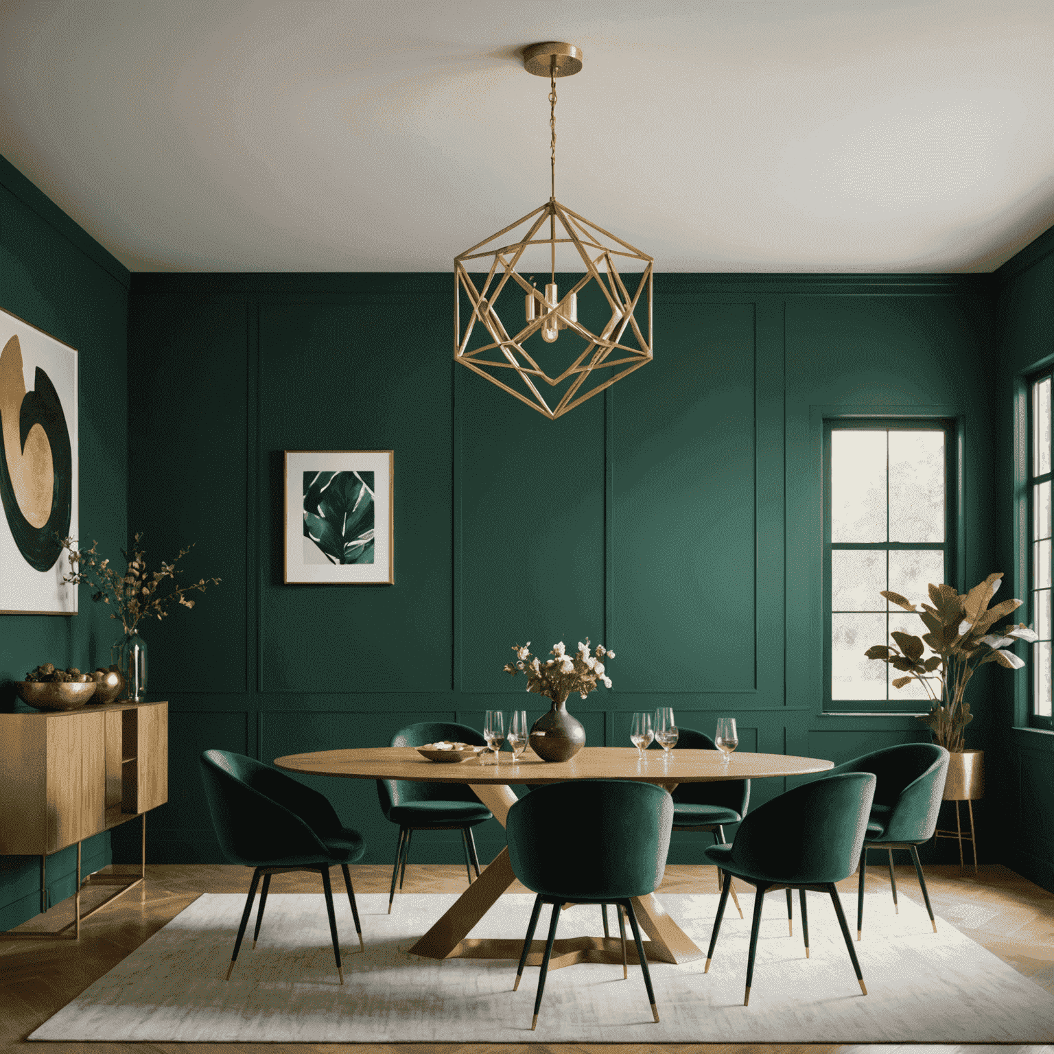 A minimalist dining room with a dramatic, oversized pendant light resembling a deconstructed geometric shape. The fixture is made of brushed gold metal and casts warm, intricate patterns on the emerald green walls.