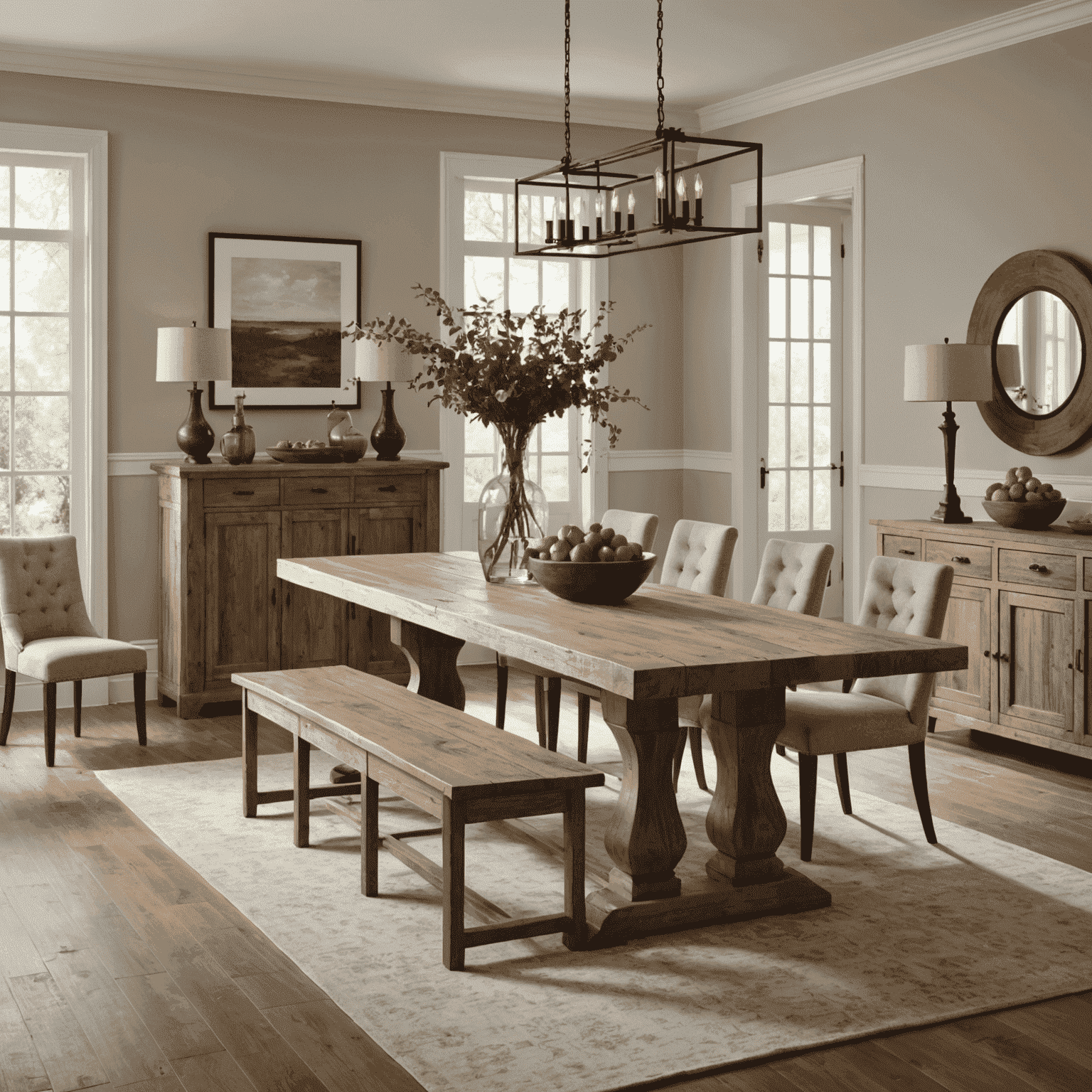 Elegant dining room featuring a large reclaimed wood table and matching sideboard