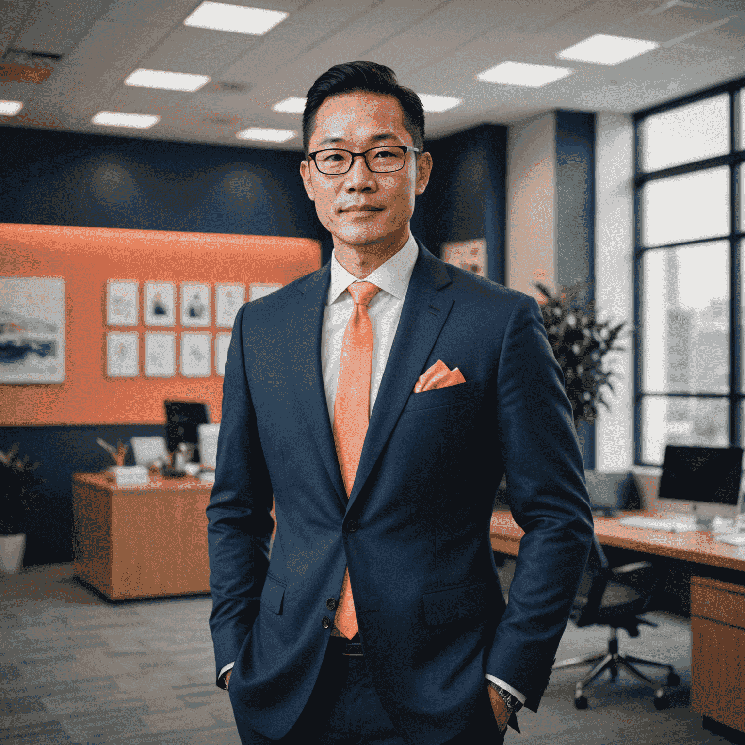 Portrait of Michael Chen, a man in his 40s with a friendly expression, wearing a navy blue suit with a pop of coral in his pocket square. He's standing in an elegantly designed office space.