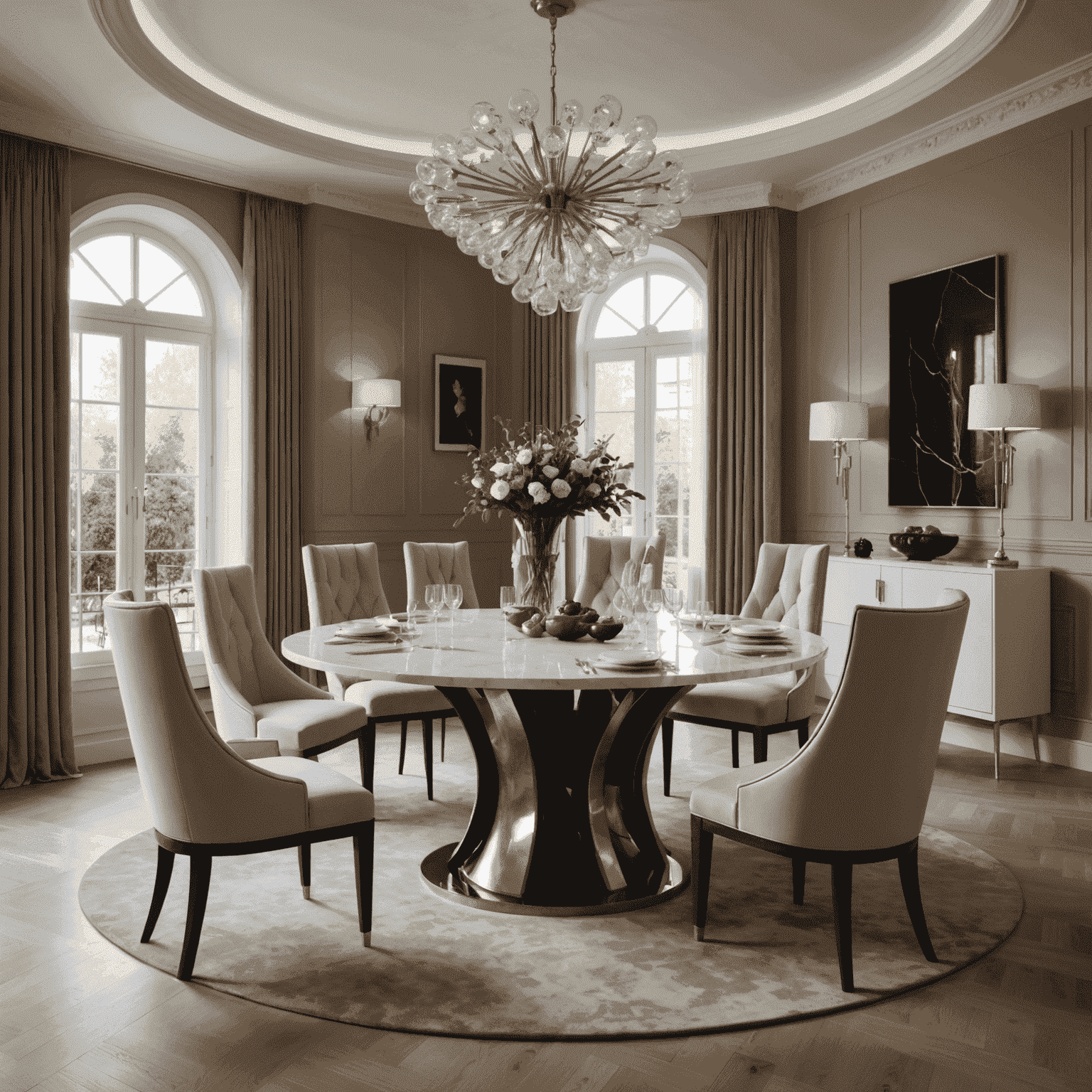 A custom-made, avant-garde dining table with uniquely shaped chairs in a luxurious dining room