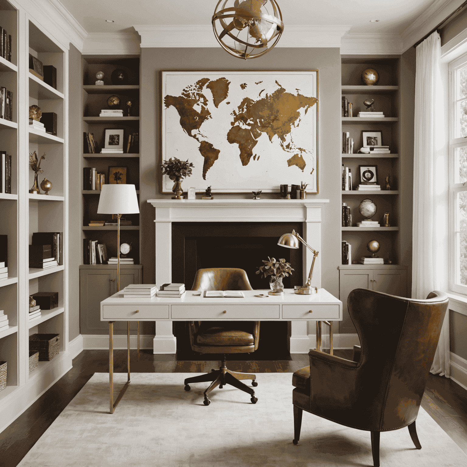 A modern home office with classic influences. A sleek, white desk is paired with a traditional leather wingback chair. The walls feature contemporary abstract art in gold frames, while a vintage globe sits atop a minimalist bookshelf.