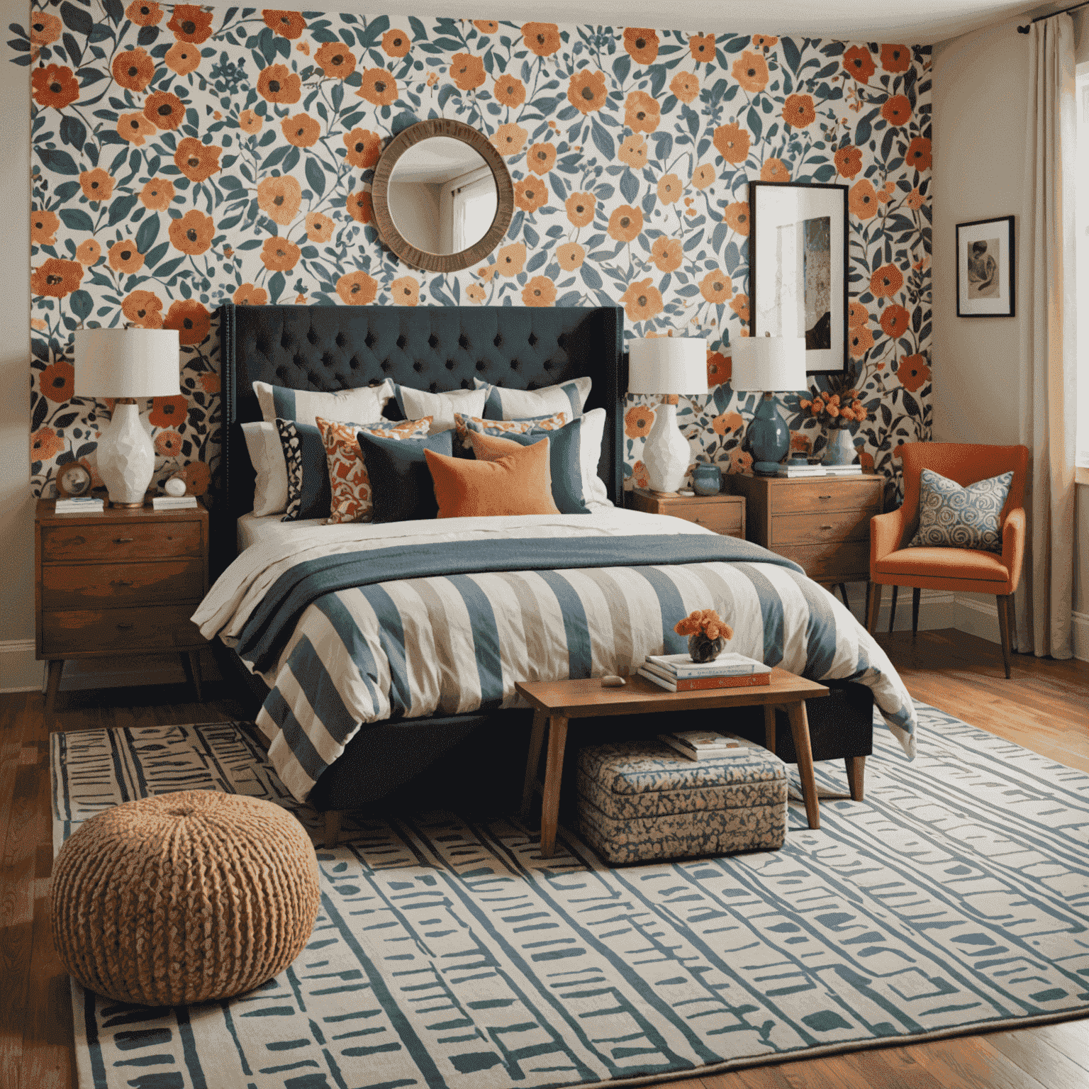 A bedroom featuring a mix of patterns: geometric wallpaper, striped bedding, and a floral area rug, all in complementary colors