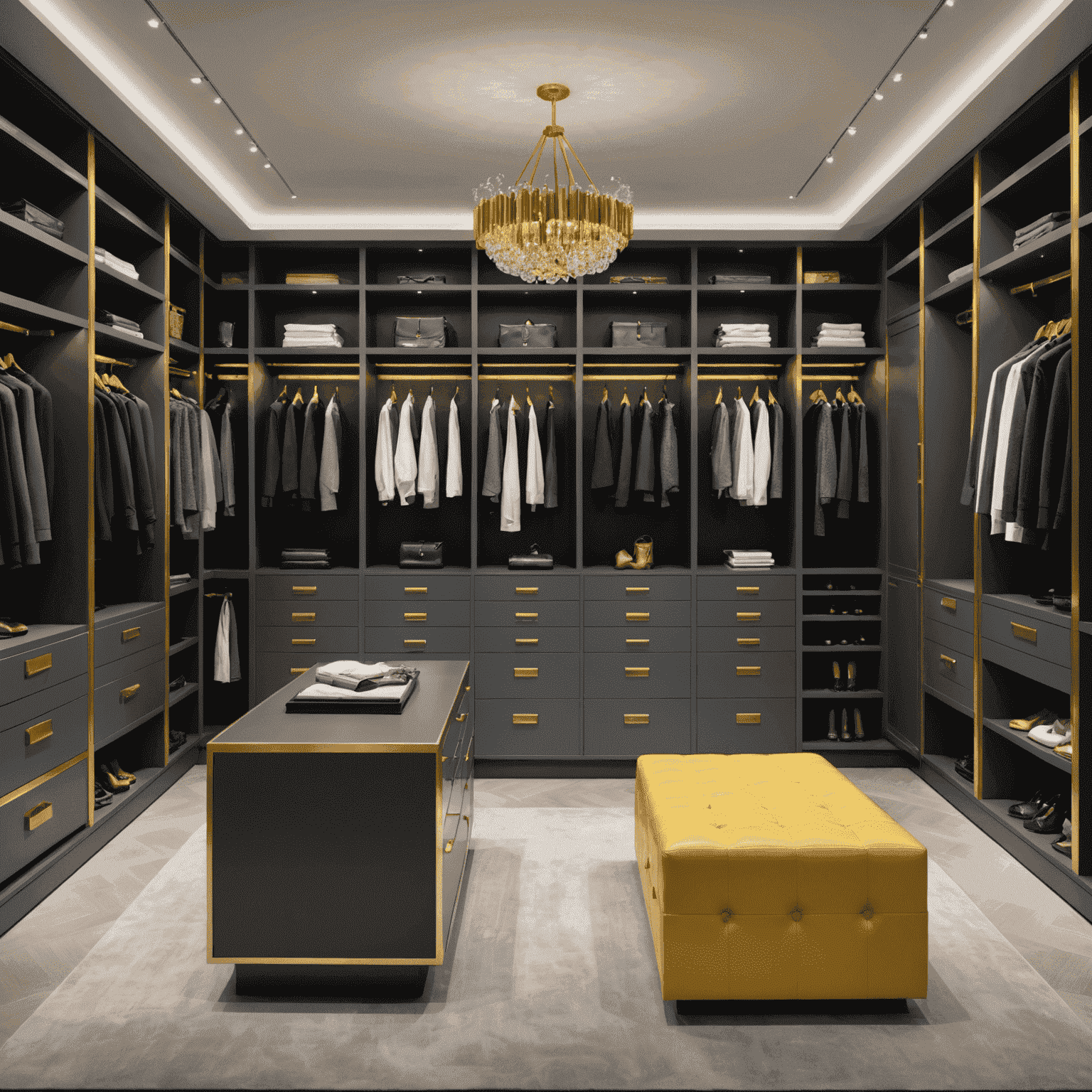 A bespoke walk-in closet system featuring sleek, charcoal gray cabinetry with gold hardware, glass-fronted display areas for accessories, and a central island with a neon yellow leather-topped surface for laying out outfits.