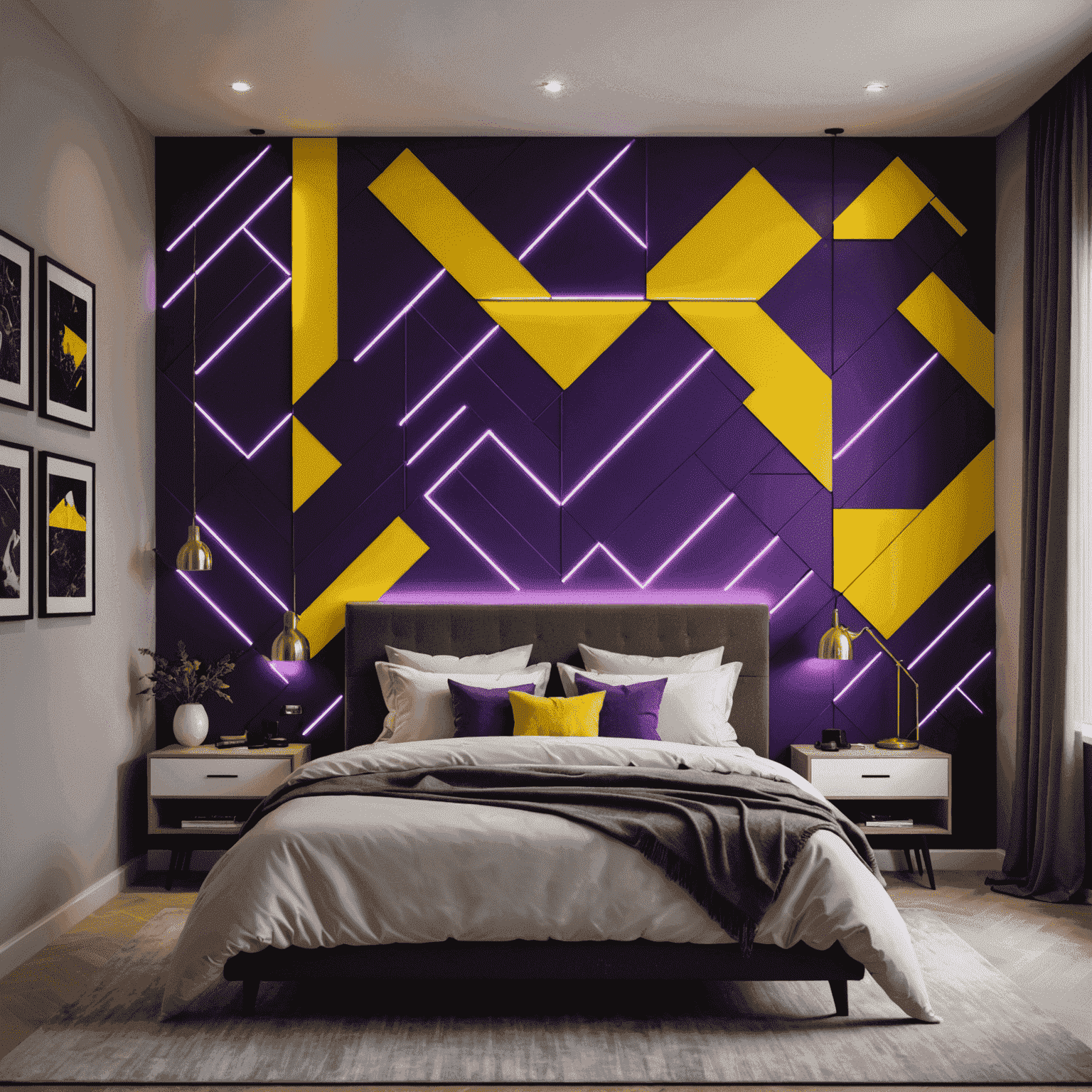 A modern bedroom with a wall-mounted light installation consisting of multiple LED panels. The panels display a shifting abstract pattern in deep purple and neon yellow hues, creating a mesmerizing and calming atmosphere.