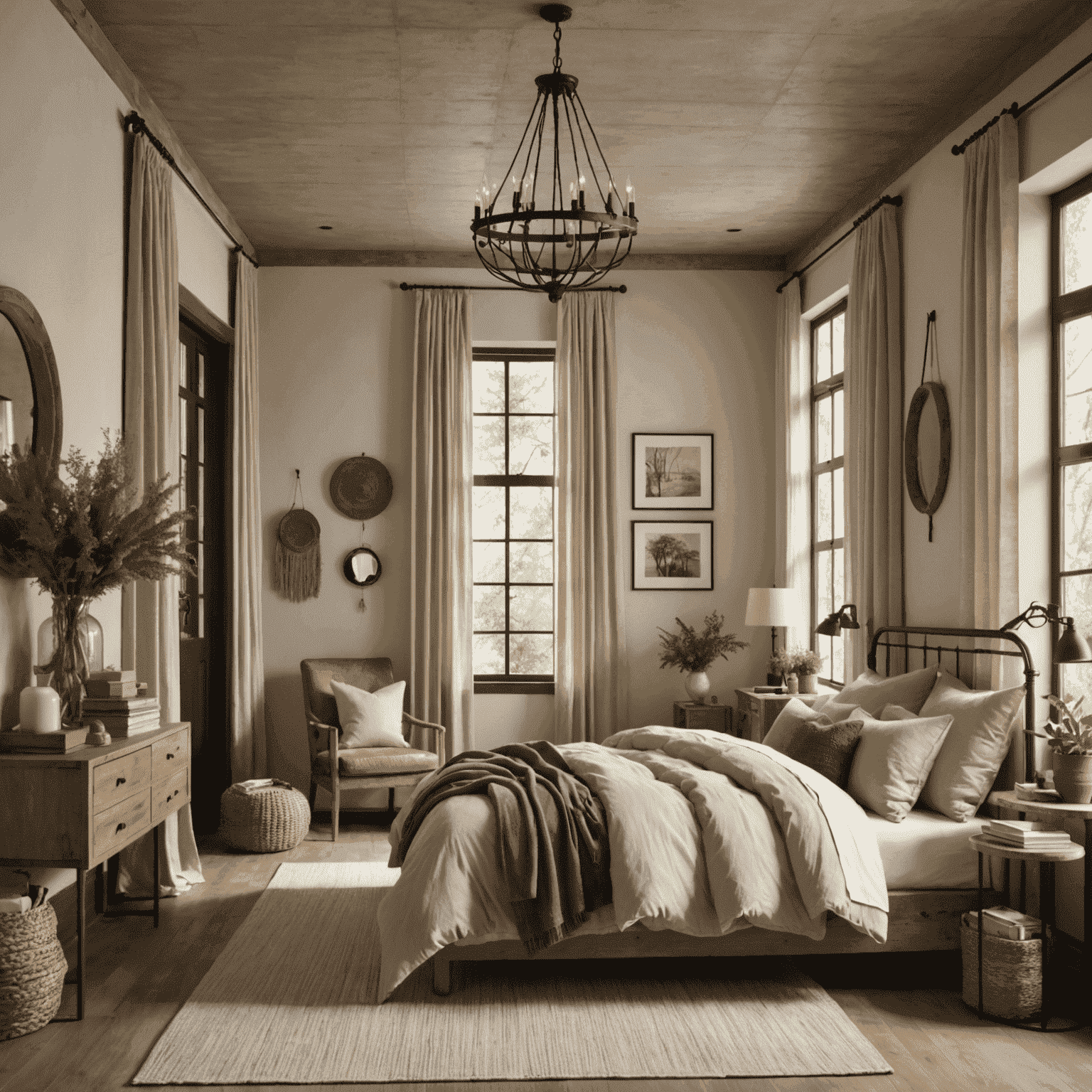 Plush bedroom with organic cotton bedding, hemp curtains, and a recycled metal chandelier