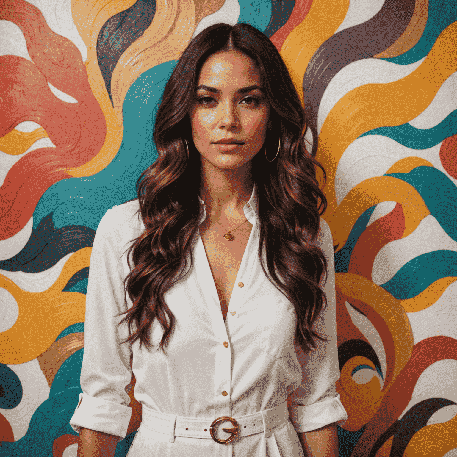 Portrait of Emma Rodriguez, a woman in her late 20s with long wavy hair, wearing a chic white jumpsuit with gold accessories. She's pictured in front of a wall featuring an abstract mural in vibrant colors.