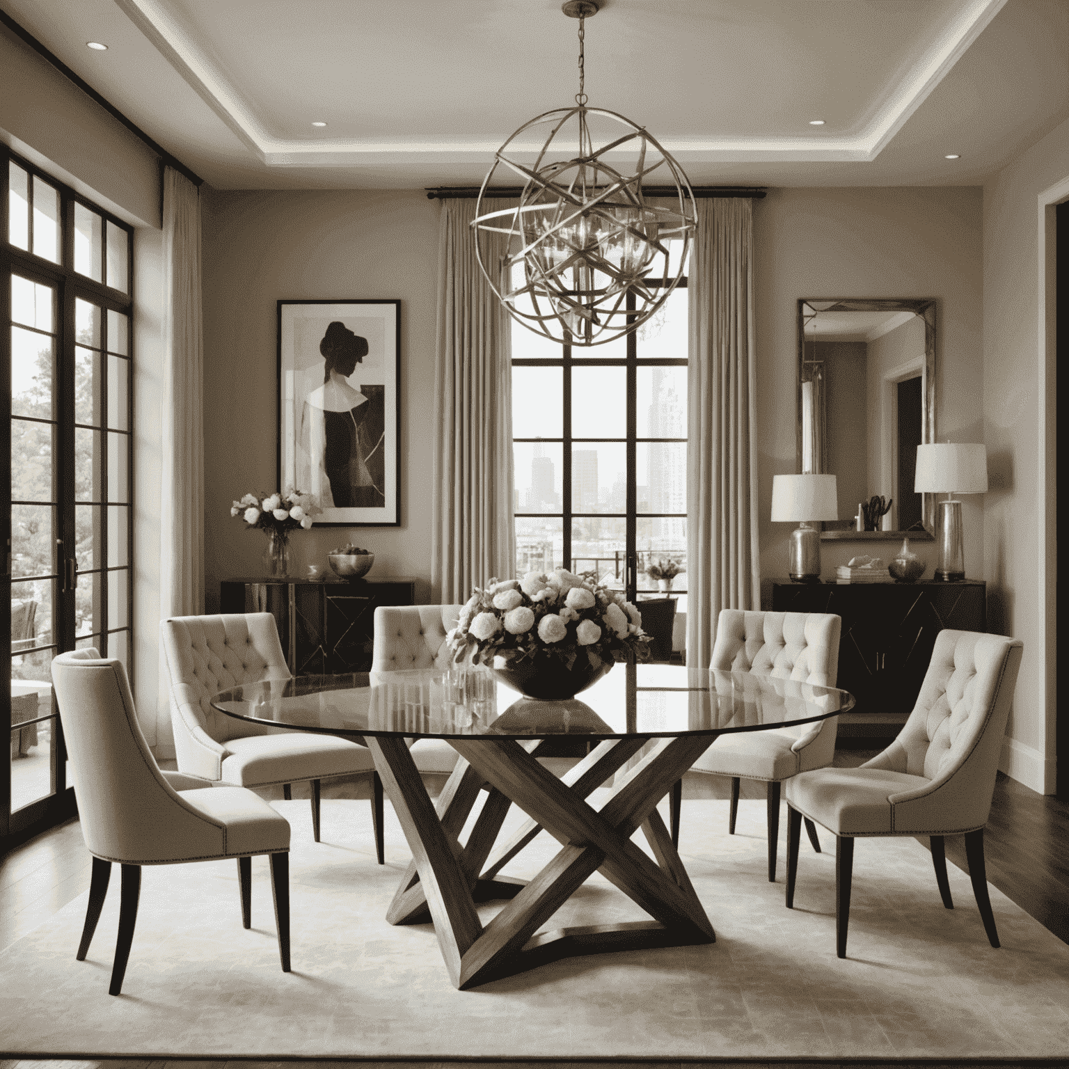 A stunning custom-made dining table with an unconventional geometric base and a glass top, surrounded by uniquely designed chairs in a luxurious dining room setting