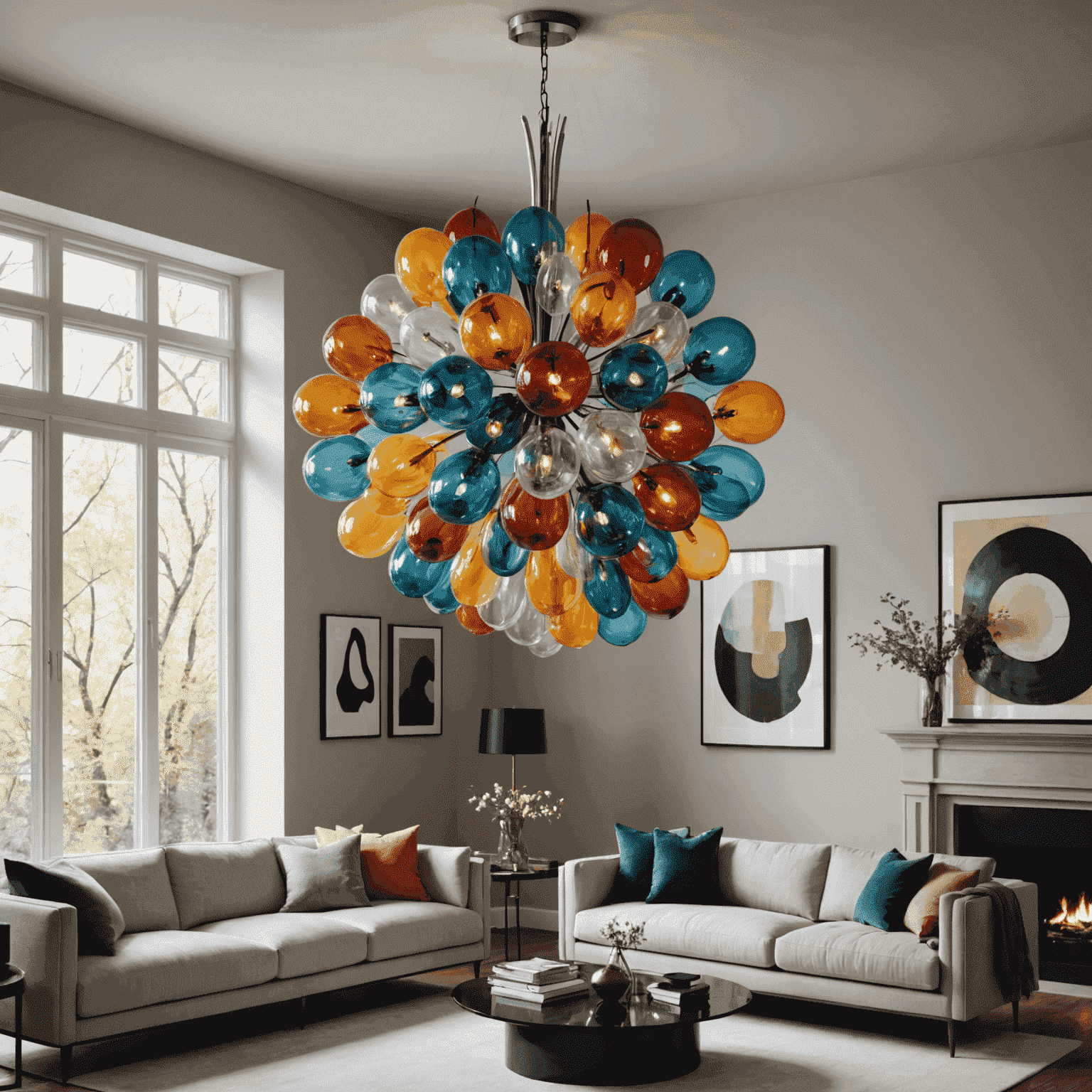 A stunning, sculptural chandelier made of blown glass in various colors, hanging in a modern living room