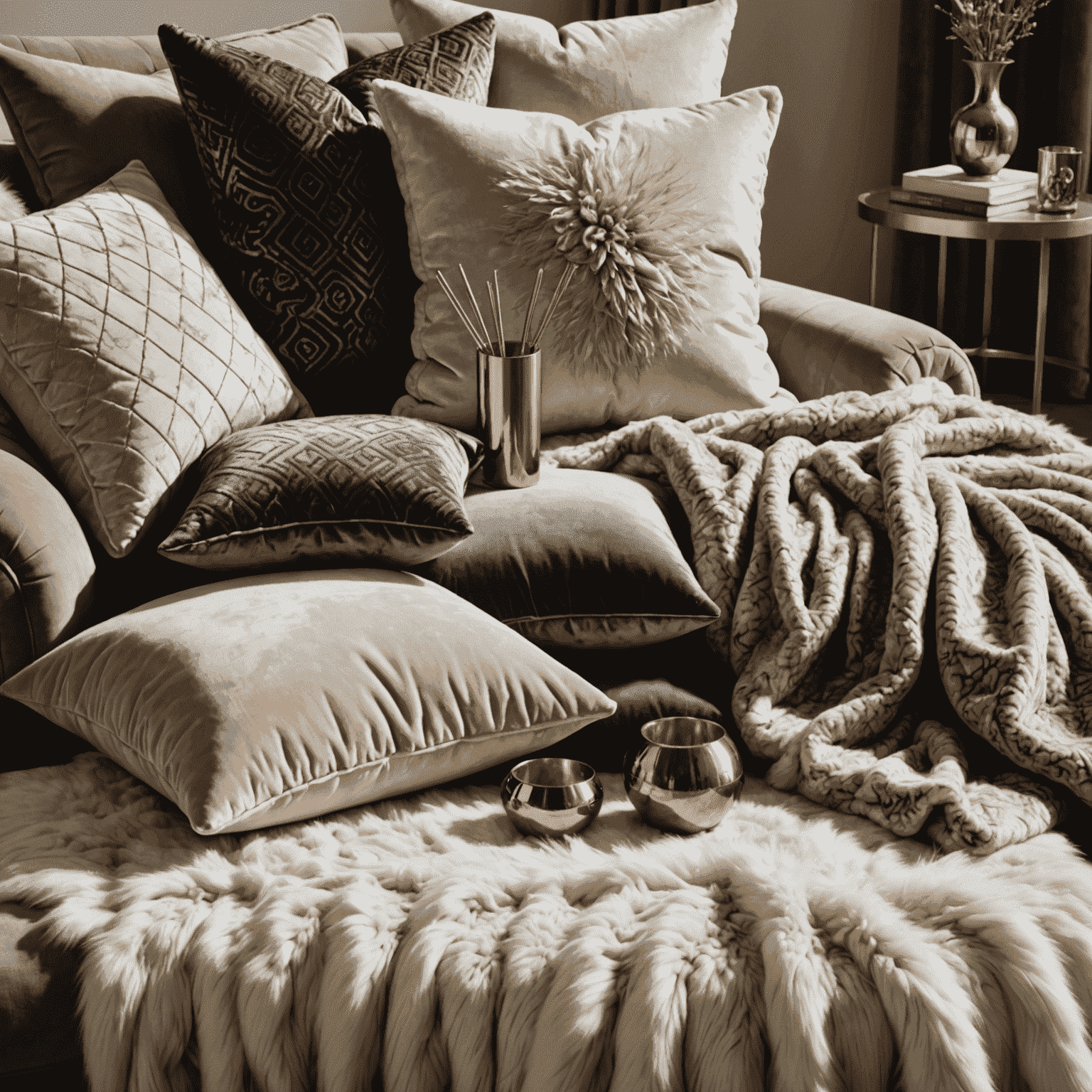 A collection of luxurious accessories showcasing various textures: velvet pillows, a marble vase, a metallic sculpture, and a furry throw blanket