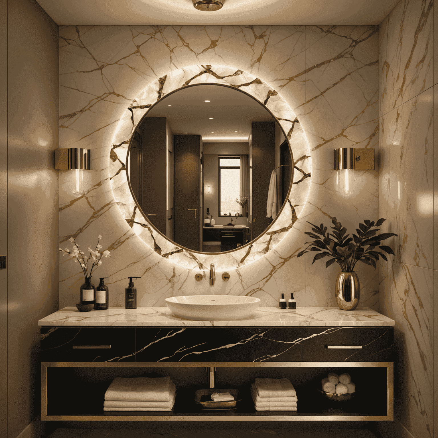 A luxurious bathroom featuring a backlit onyx sink and mirror surrounded by a halo of soft, ambient light. The walls are adorned with metallic gold accents that shimmer and reflect the gentle illumination.