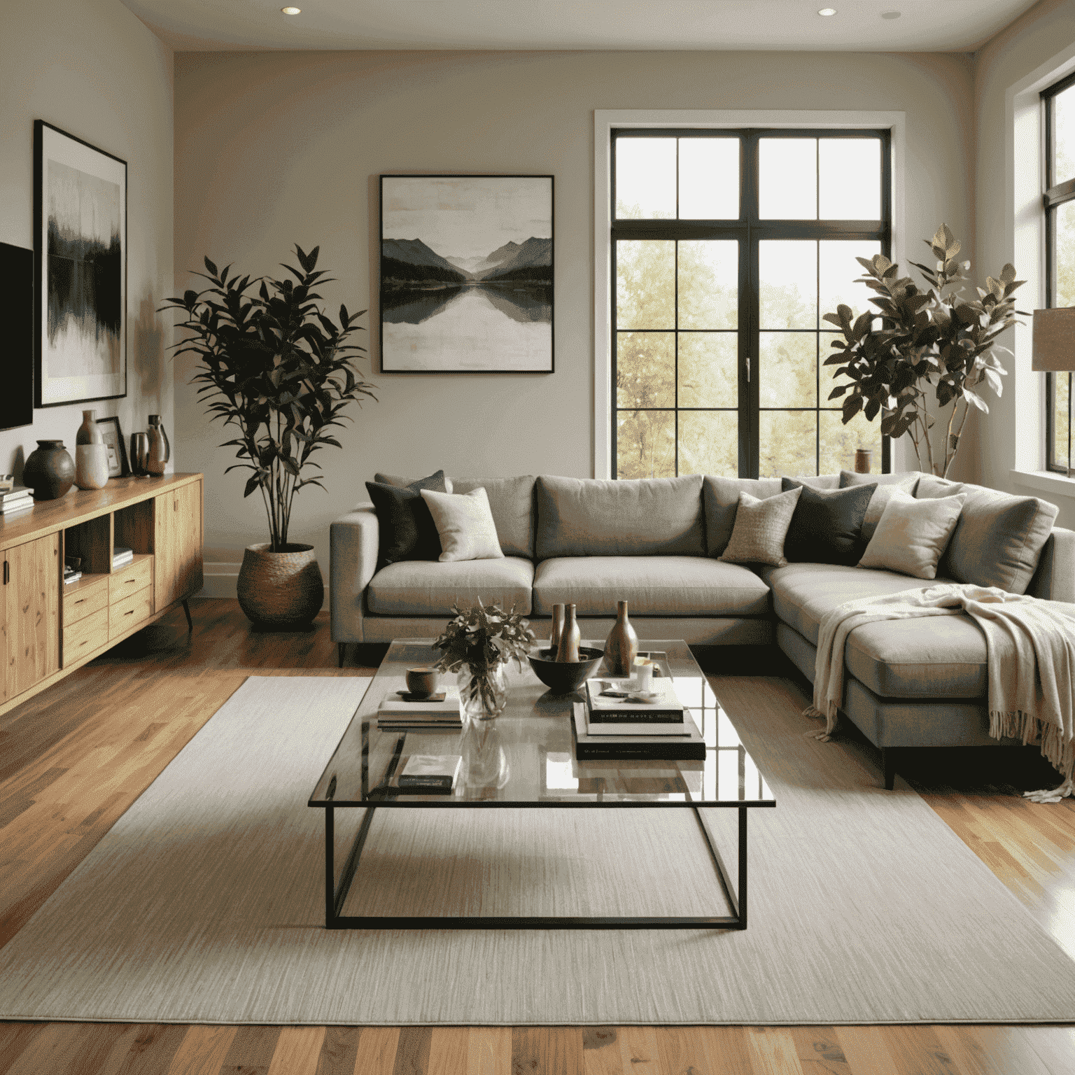 Modern living room showcasing a mix of sustainable and luxury elements: bamboo flooring, recycled glass coffee table, and organic fabric sofa