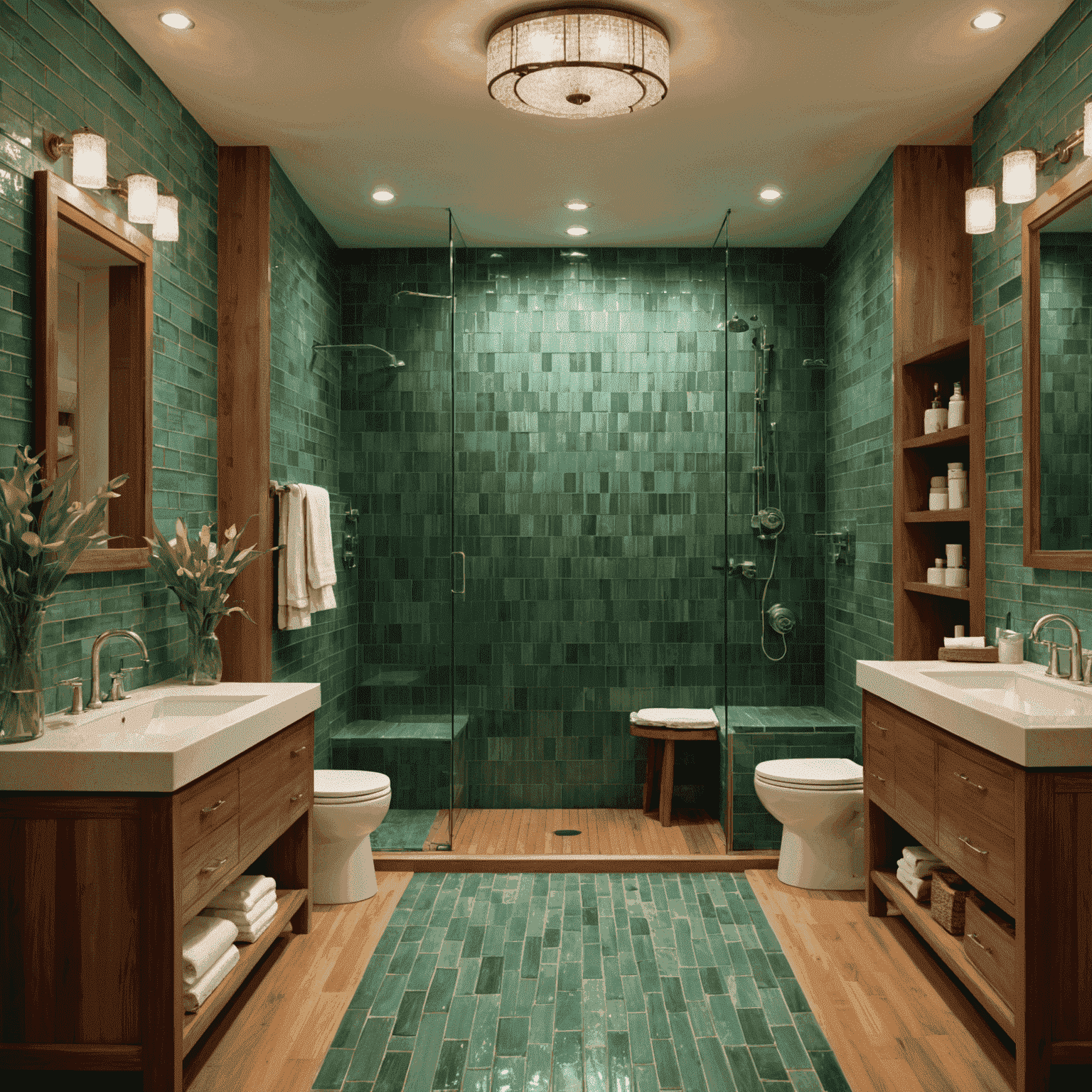 An eco-friendly luxury bathroom featuring recycled glass tiles, bamboo flooring, and energy-efficient lighting